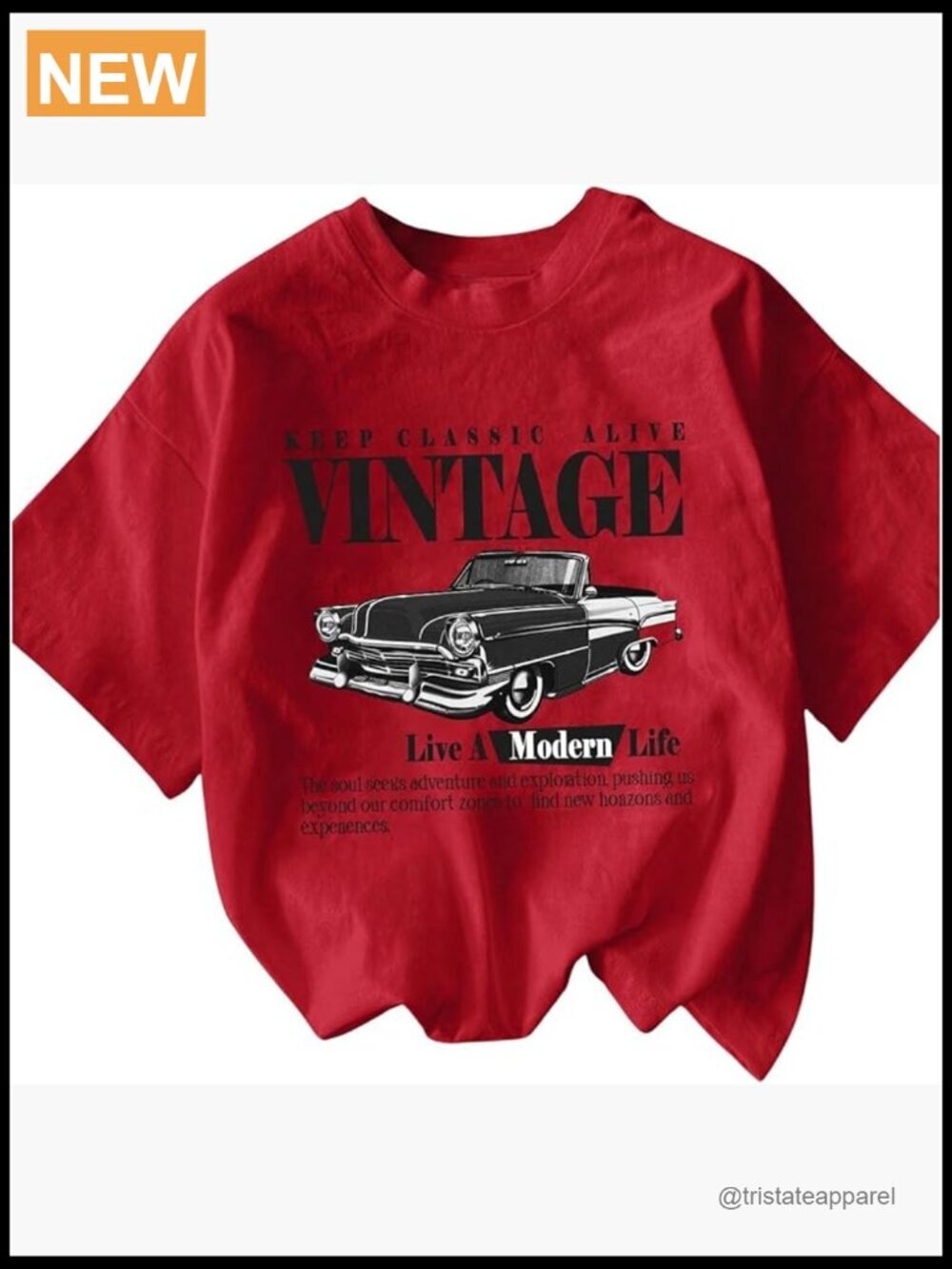 Graphic Letter Tee Crew Neck Drop Shoulder Short Sleeve Vintage Car Print Top